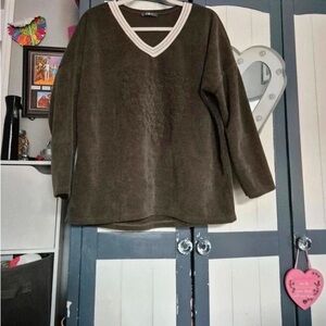 Michaels Olive V-Neck Top with White Accents